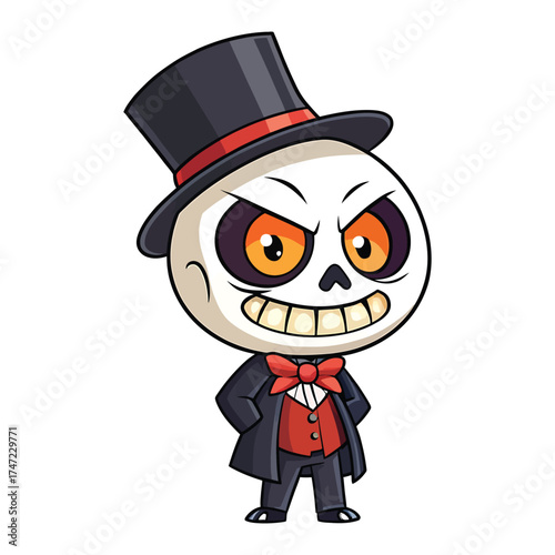 Spooky cartoon skeleton character in top hat and bow tie for halloween