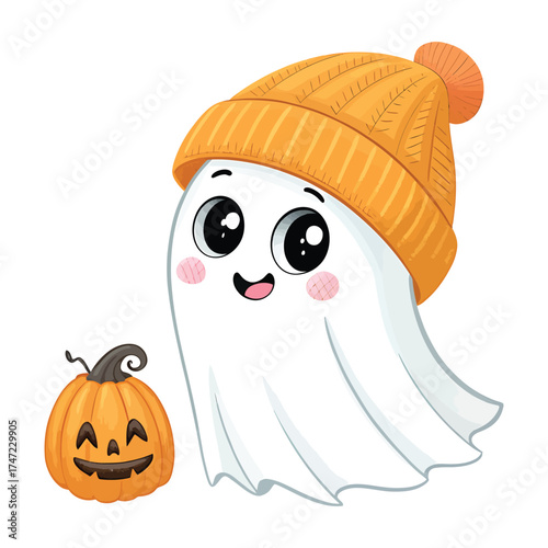 Cute kawaii ghost and jack o lantern halloween illustration