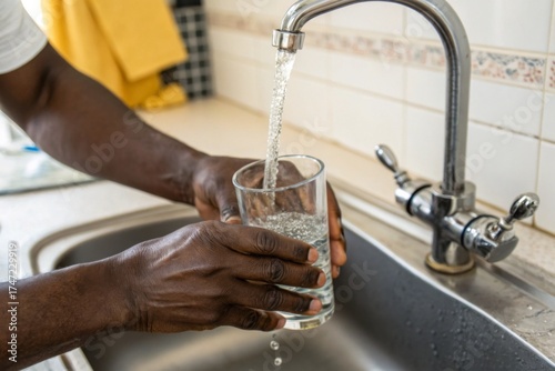 African American man pours water from a tap into a glass close up