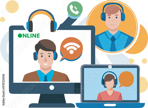Online customer support with headsets and computer screens showing communication icons