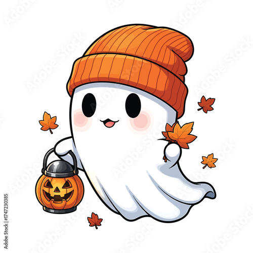 Cute kawaii ghost wearing orange beanie holding a jackolantern