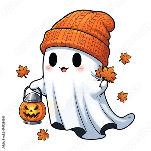 Cute kawaii ghost wearing orange beanie holding a jackolantern