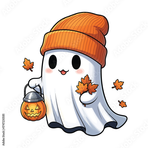 Cute kawaii ghost wearing orange beanie holding a jackolantern