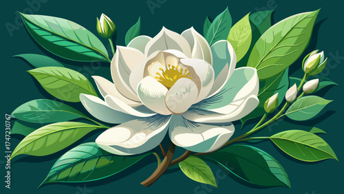 Very beautiful white flower blooming with unopened buds on a green leafy branch, vector-style illustration emphasizing delicate petals, natural textures, and serene botanical elegance.