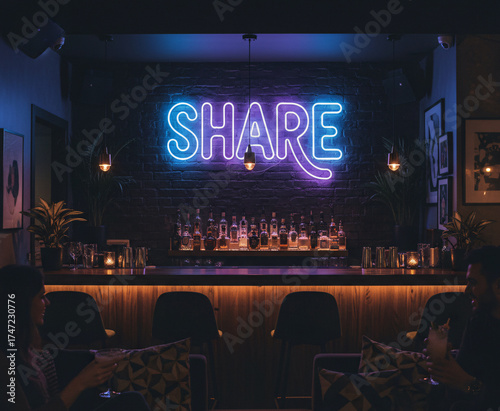 interior of a lounge, with a neon sign that says 