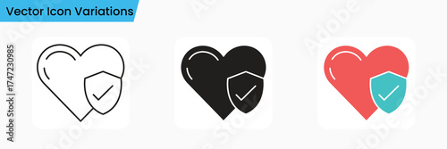 Heart Shield Icon Set Outline, Solid, and Color Variants for Health, Security, and UI Design