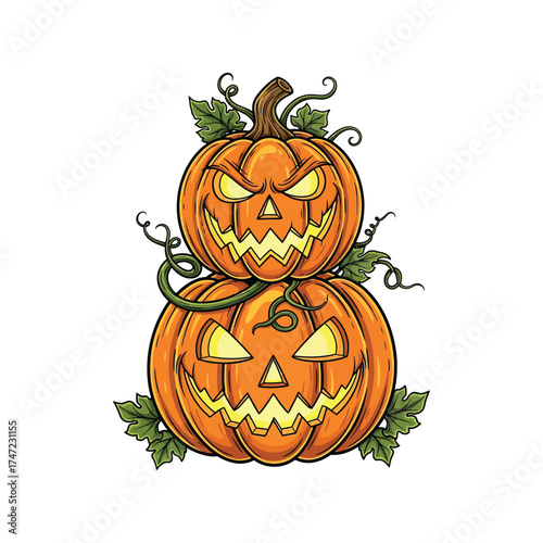 Spooky stacked jack o lanterns with green leaves for halloween