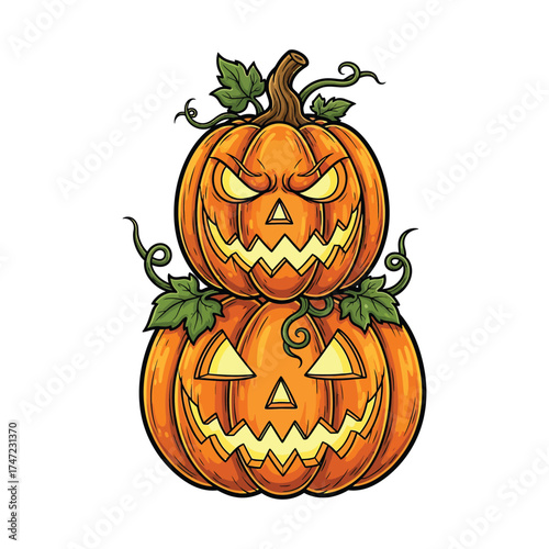 Spooky stacked jack o lanterns with green leaves for halloween