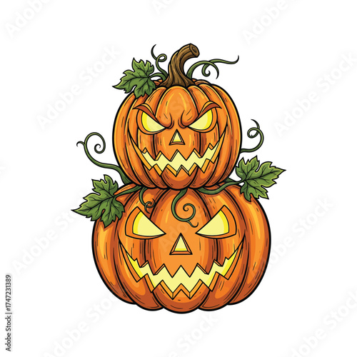 Spooky stacked jack o lanterns with green leaves for halloween