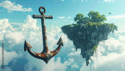 A surreal, artistic image showcases a rusty anchor floating in a dreamy, cloudy sky, next to a lush, green floating island with trees, a fantastic composition creating a unique and captivating scene.