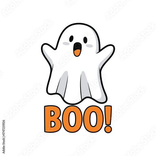 Cute cartoon ghost saying boo with orange text