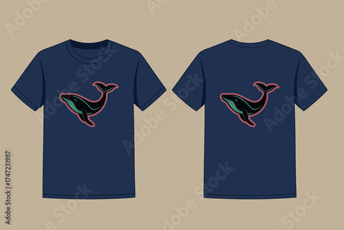 Navy blue t shirt with whale graphic breaching outline