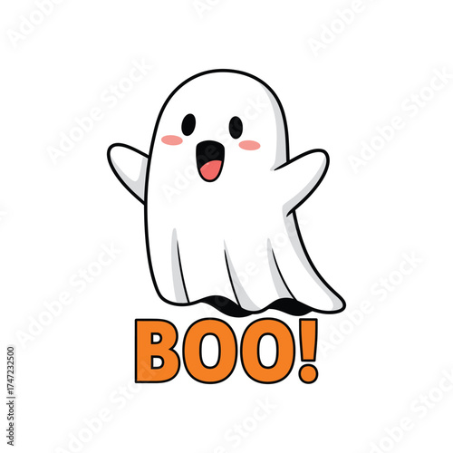 Cute cartoon ghost saying boo with orange text
