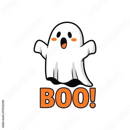 Cute cartoon ghost saying boo with orange text