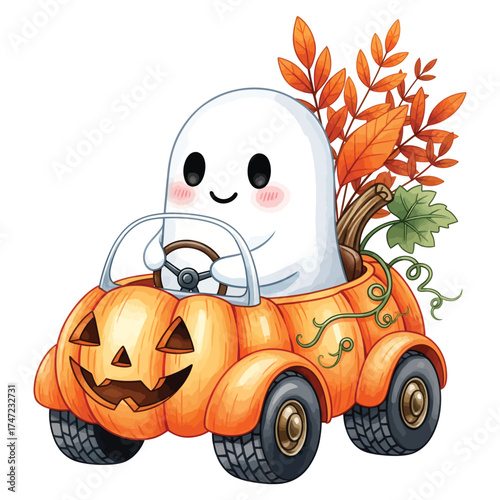 Cute ghost driving a jack o lantern car with halloween decorations