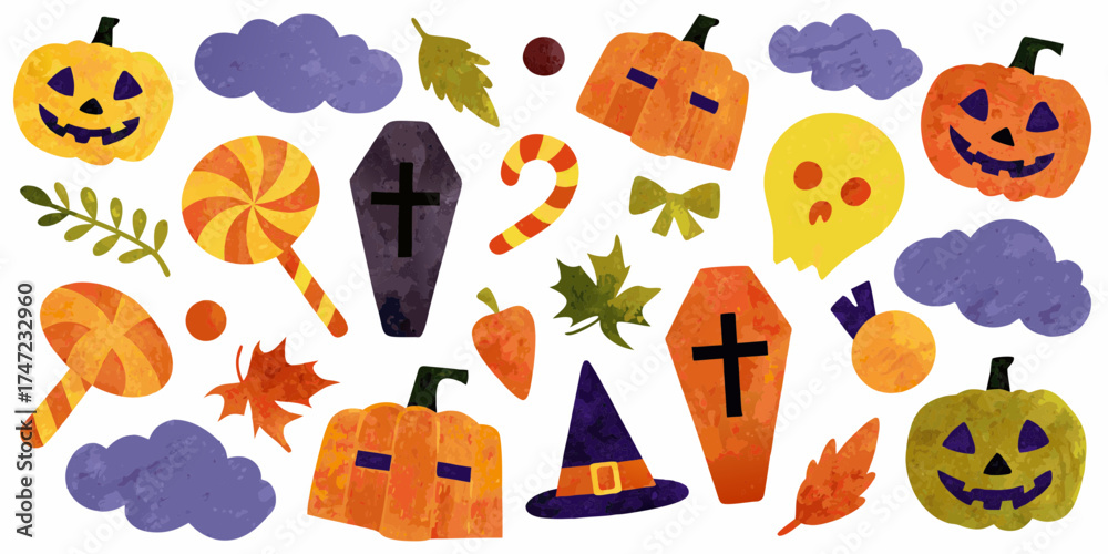Naklejka premium Whimsical halloween collection featuring jack o lanterns pumpkins candy ghosts coffins and autumn leaves