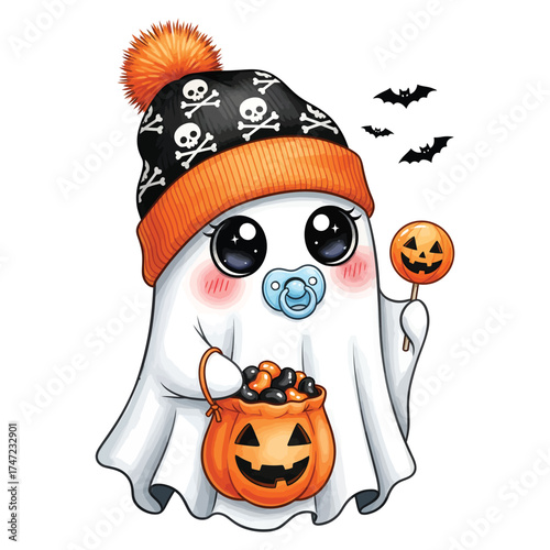 Adorable baby ghost in halloween hat with candy and pacifier