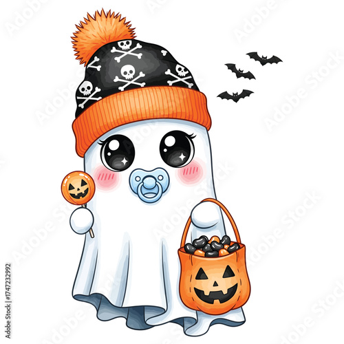Adorable baby ghost in halloween hat with candy and pacifier