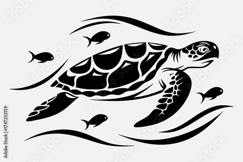 Black turtle swimming among fish with flowing water design  