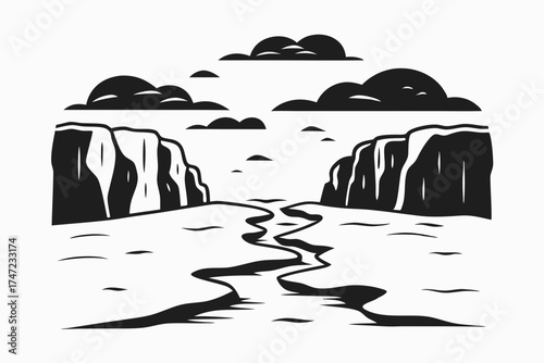 Black and white illustration of cliffs by river under cloudy sky  