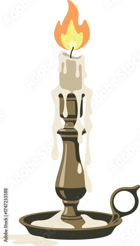 A vintage candlestick with a burning candle, dripping wax, and a handle, perfect for historical themes, romantic decor, old-fashioned lighting, and cozy ambiance illustration