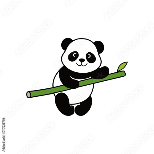 baby panda balancing on a bamboo branch playfully vector art illustration.