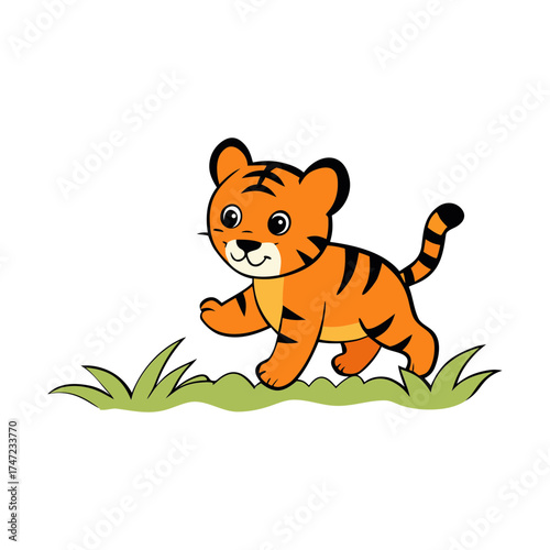 baby tiger chasing a butterfly through tall grass vector art illustration.