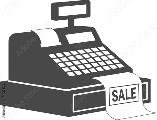Illustration of a gray cash register with a sale receipt isolated on white background for business use