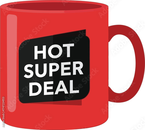 Illustration of a red mug with a hot super deal label isolated on white background for promotion