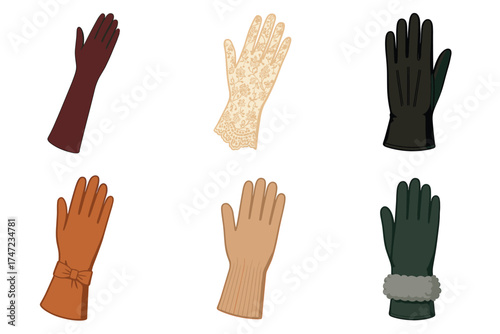 Women's gloves fashion vector illustration set. Collection of elegant, vintage, and winter glove styles.