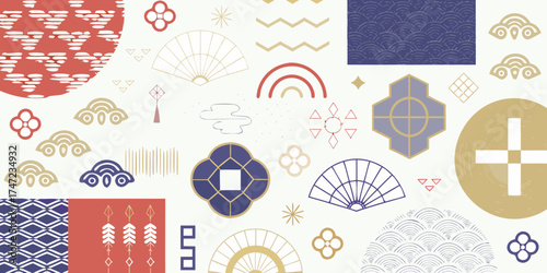 A vibrant collection of traditional japanese geometric patterns and motifs in a modern flat design style