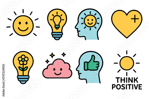Positive thinking and mental wellness vector icon set. Cute doodle symbols for happiness, creativity, and self-care.