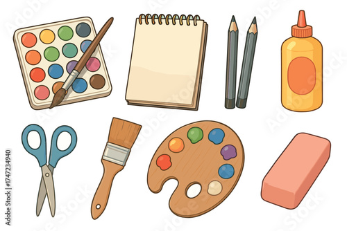 Art and craft supplies cartoon vector illustration set. Hand drawn collection of school and creative hobby tools.