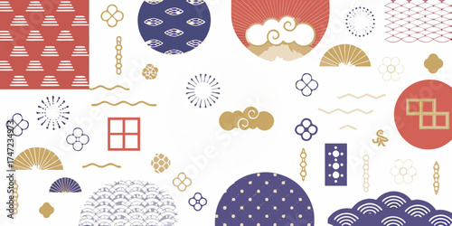 Vibrant japanese patterns and motifs in a playful collage design with traditional elements