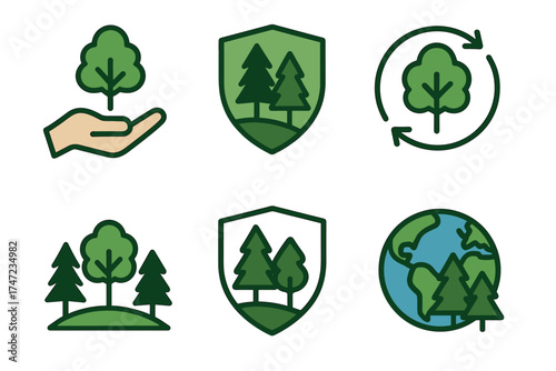 Forest conservation and ecology green vector icon set. Symbols for saving trees, reforestation, and protecting nature.
