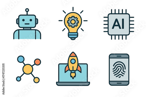 Artificial intelligence and future technology vector icon set. Collection of symbols for AI, innovation, and startups.