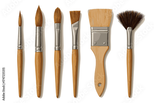 Artist paint brushes realistic vector illustration set. Collection of various brush types for painting and art.