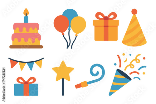 Birthday party and celebration flat vector icon set. Collection of colorful festive symbols for a fun event.