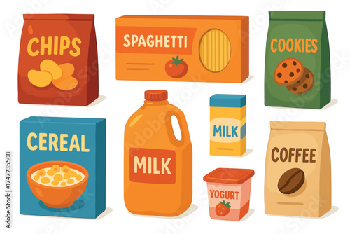 Packaged food and grocery products vector illustration set. Realistic collection of various supermarket items.