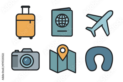 Travel and vacation essentials vector icon set. Simple collection of items for a holiday journey.