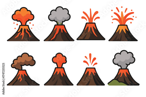 Volcano eruption cartoon vector icon set. Collection of various volcanic activity stages with lava and smoke.