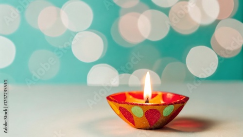 Diya oil lamp lit in bokeh turquoise background