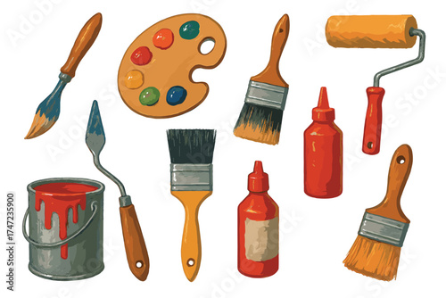 Painting supplies realistic vector illustration set. Painterly collection of artist tools like brush, paint, and palette.