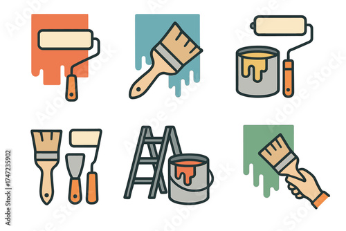 House painting and decorating tools vector icon set. Collection of supplies for home renovation and DIY projects.