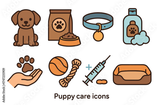 Puppy care and dog accessories vector icon set. Collection of items for a new pet.