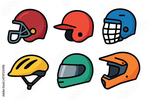 Sports helmets vector icon set. Colorful collection of protective headgear for various sports.
