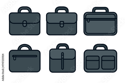 Business briefcase and laptop bag vector icon set. Simple collection of various portfolio and document cases.