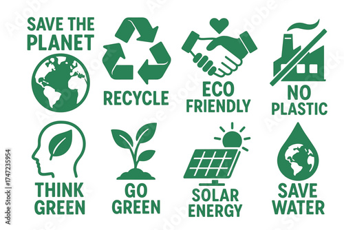 Go green and ecology awareness vector icon and stamp set. Collection of green environmental slogans and symbols.