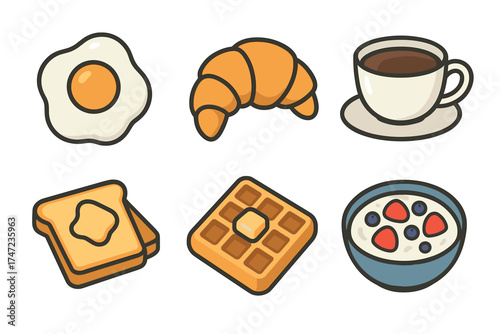 Breakfast food cute cartoon vector icon set. Doodle collection of morning meal items for a cafe menu.