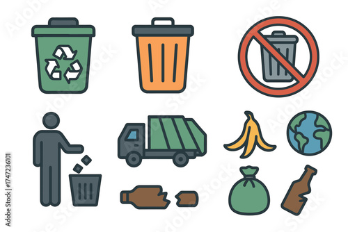 Garbage and waste management vector icon set. Collection of symbols for recycling, trash, and pollution.